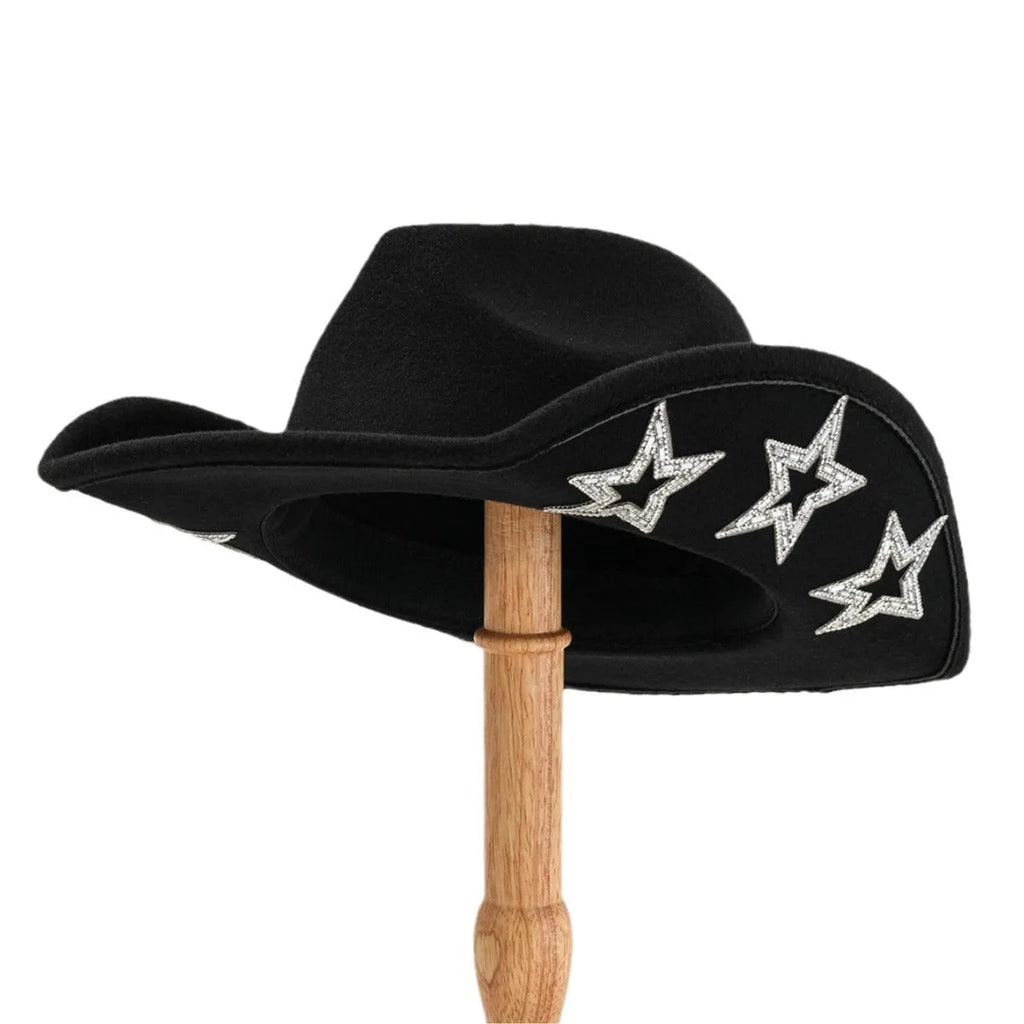 Beige polyester western-style top hat with a conical crown and a woven hexagonal star pattern.