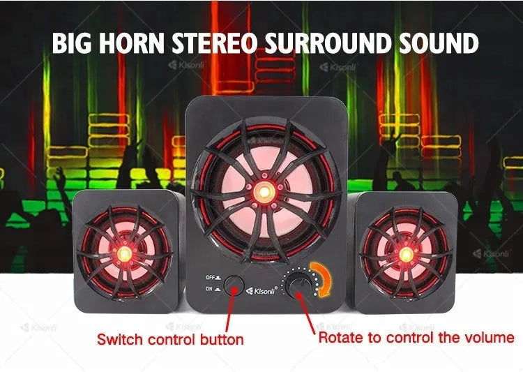 Green USB computer speaker with colourful glow lights showing 2.1 channel audio ports