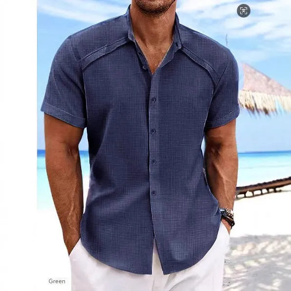 Hawaiian casual short sleeve shirt in solid colour cotton blend fabric