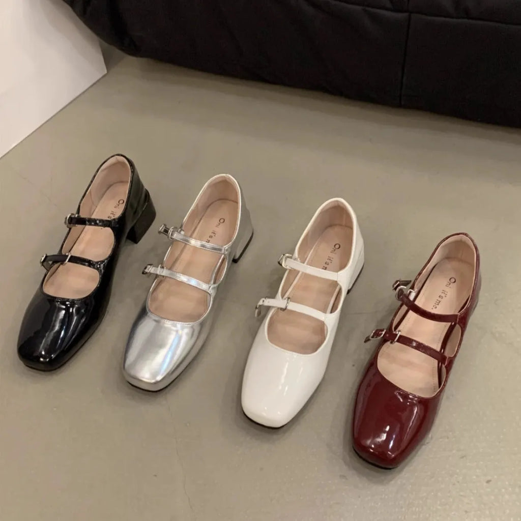 Chunky heel red Mary Jane shoes for women low top square toe PU upper rubber sole