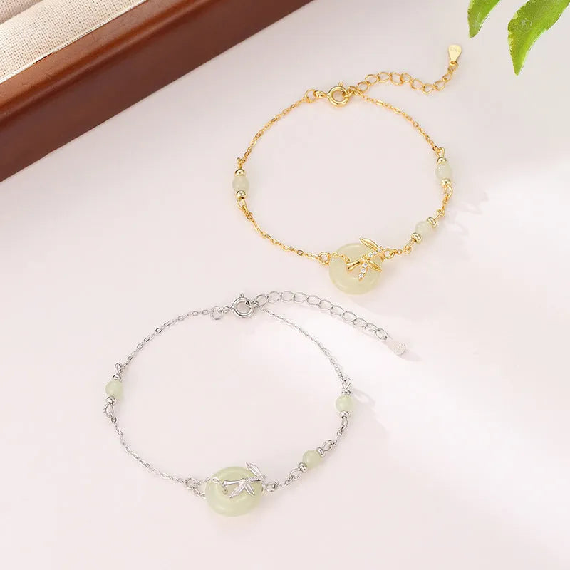 Women's antique style 925 silver bracelet with Hetian jade and peace buckle safety clasp in gold finish