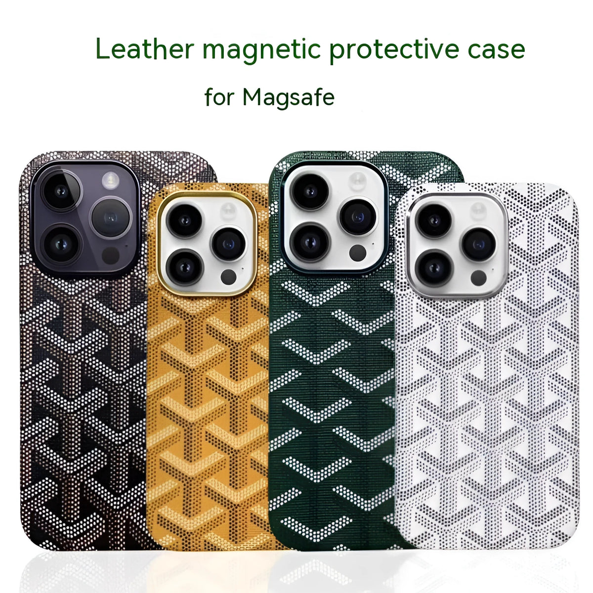 Leather phone case with magnetic suction, all-inclusive design, available in green, gold, pink, white, and black for Apple iPhone.