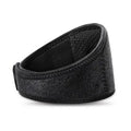 Black self-heating magnetic therapy neck guard with adjustable strap laid flat.