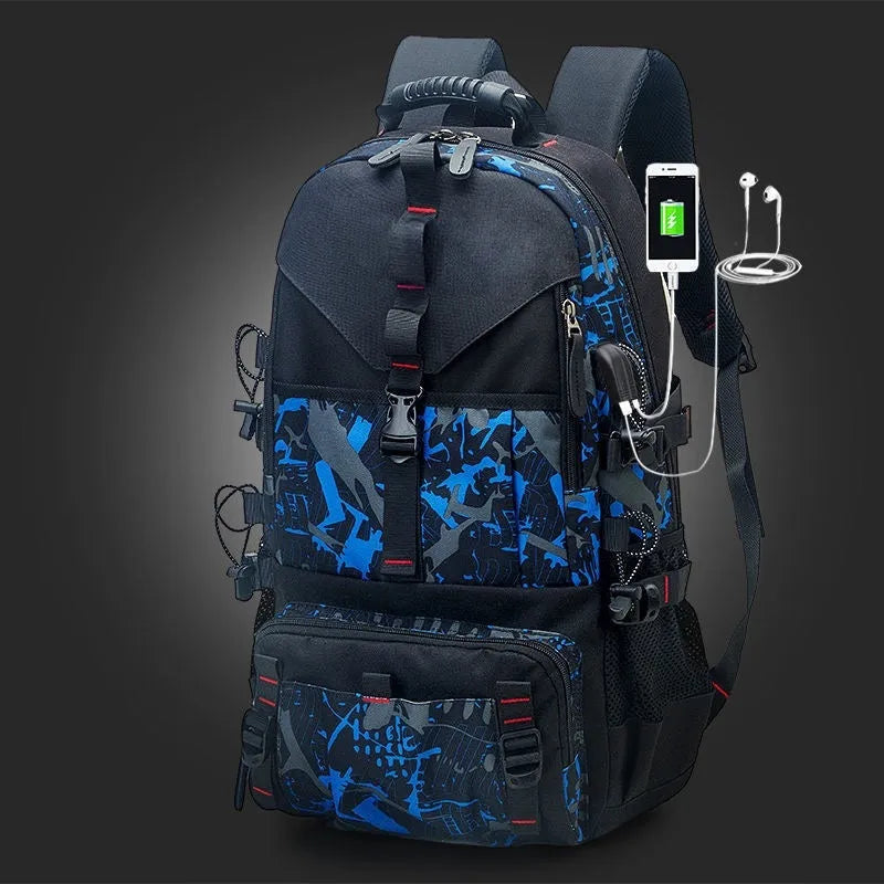 Men's waterproof Oxford cloth hiking backpack with air cushion back system and 56-75 litre capacity