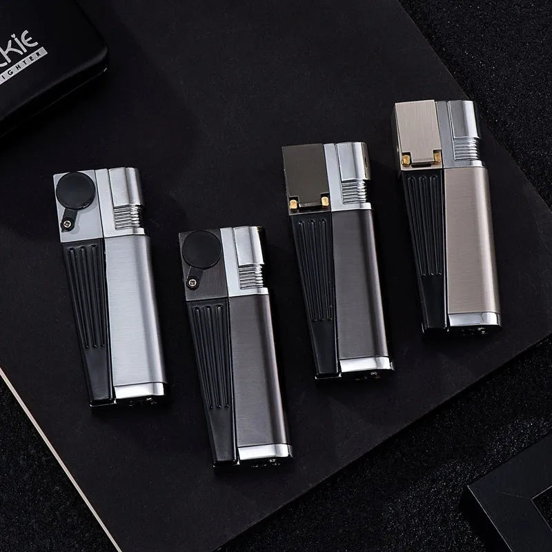 Silver foldable metal pipe lighter showing open flame and stash compartment.