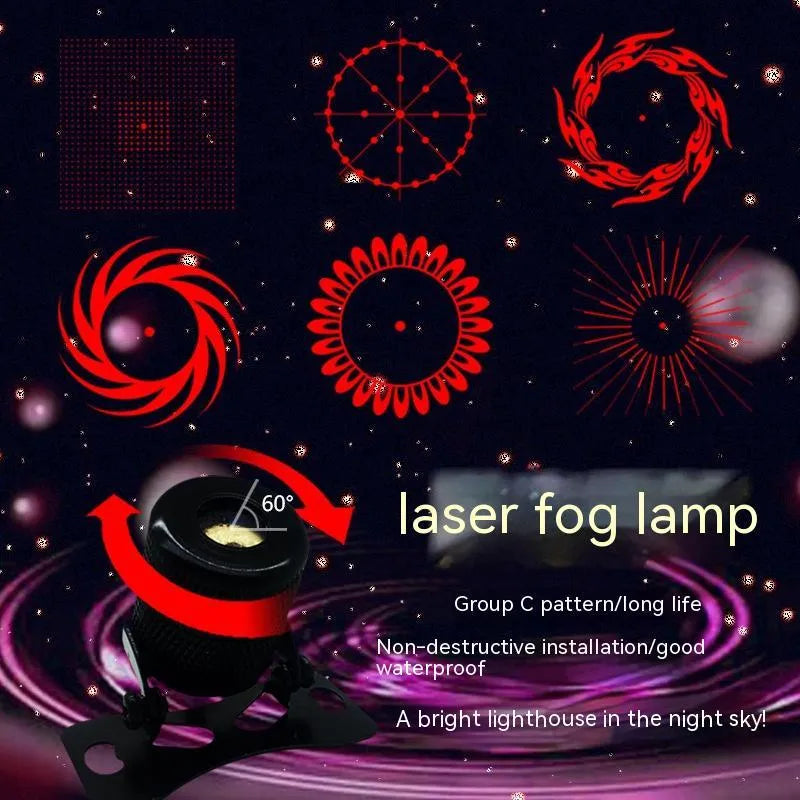 Aluminium housing laser fog lamp with red beam, showing adjustable mount and wiring for 12-24V vehicles.