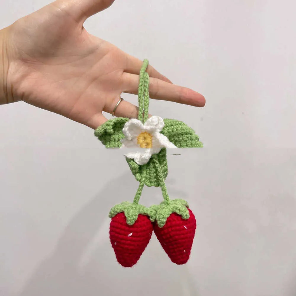 Handmade strawberry car pendant decoration made from cotton and hemp knitting wool