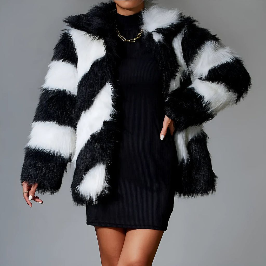 Faux fur coat with contrast lapel and fur collar in polyester fabric