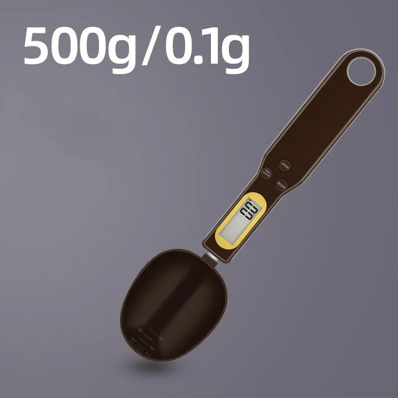 Black electronic measuring spoon scale with digital display on handle and integrated spoon bowl.