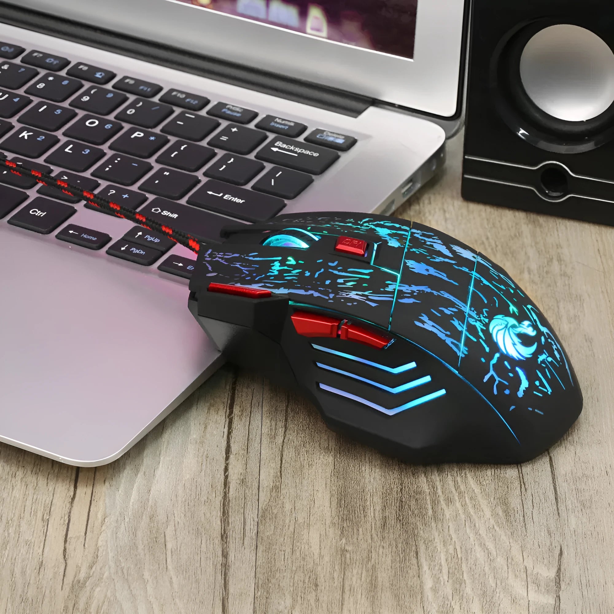Colourful luminous water crack pattern gaming mouse with ergonomic shape and USB cable