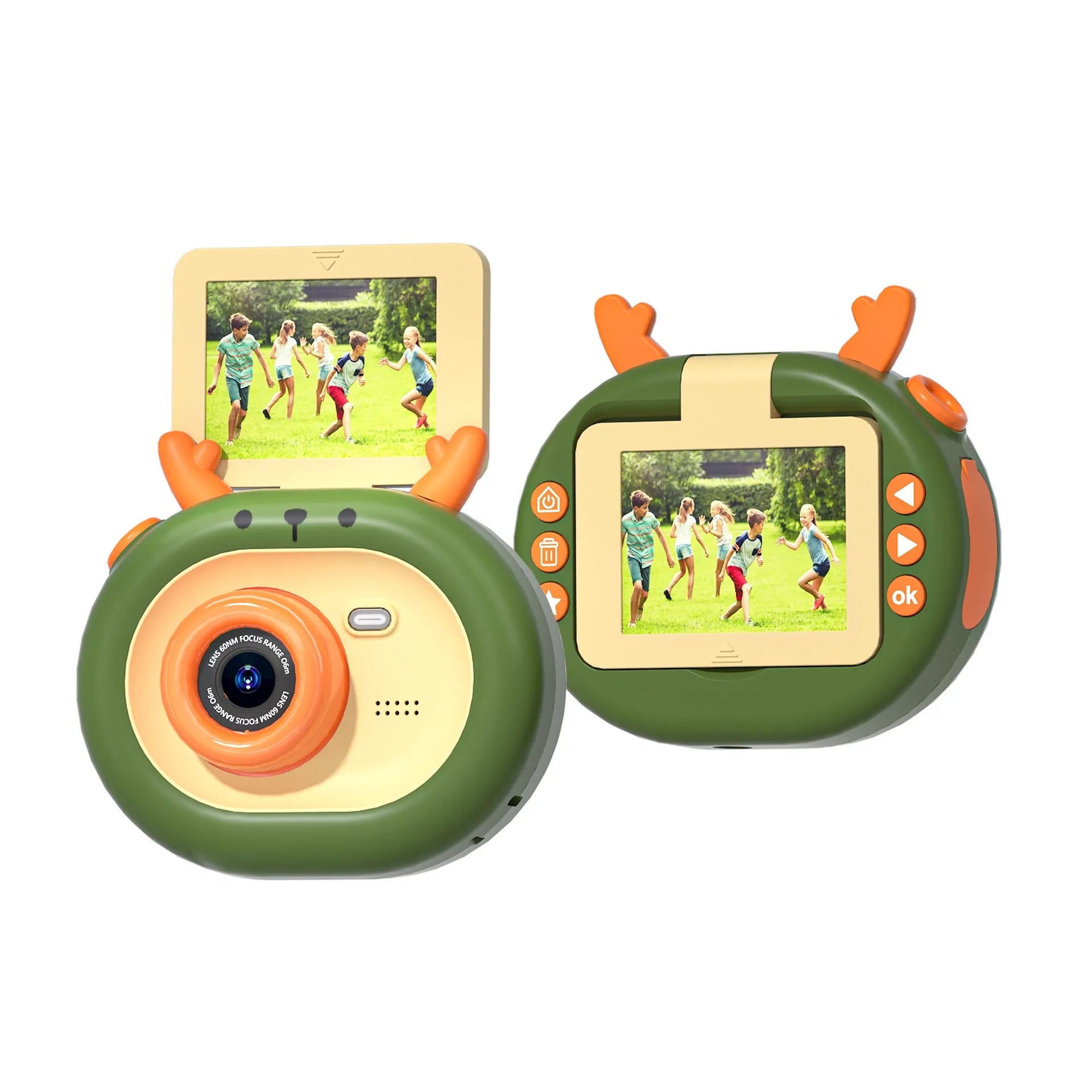 Children's purple digital camera with flip screen and silicone protective case shown with lanyard and accessories