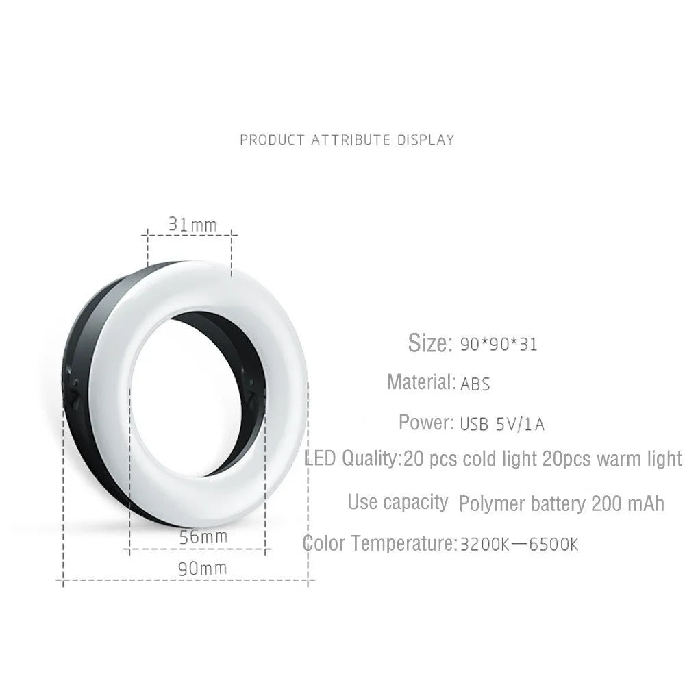 Black circular LED selfie ring light with USB cable for mobile phone photography