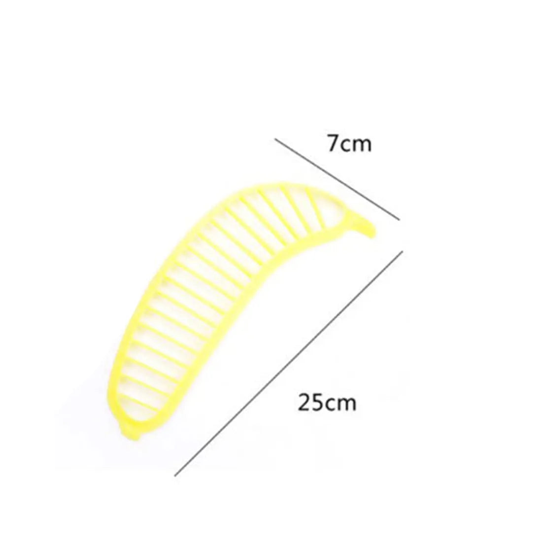 Yellow banana cutter food grade PP plastic kitchen tool approximately 25 cm long on a white background