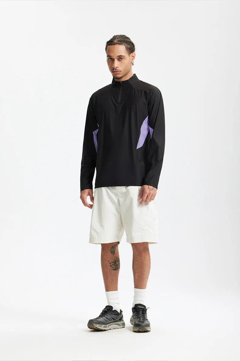 Men's lightweight polyester casual top in black and beige with long sleeve and short sleeve options