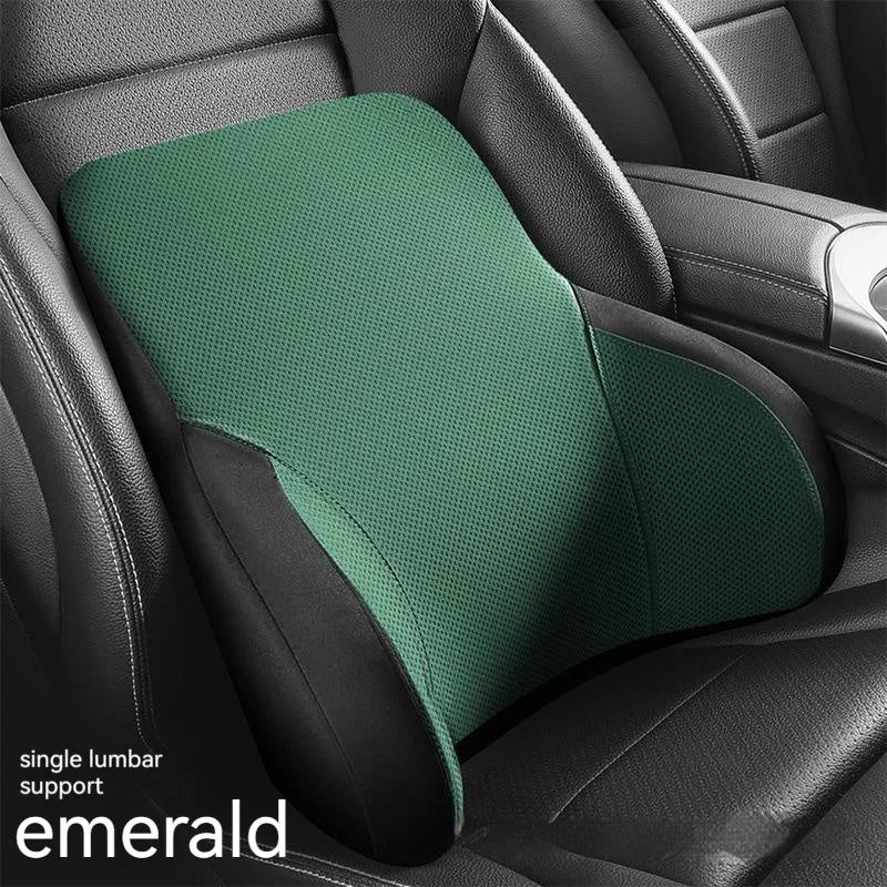 Memory foam car headrest pillow and lumbar support cushion set in knitted fabric, shown in black colour.