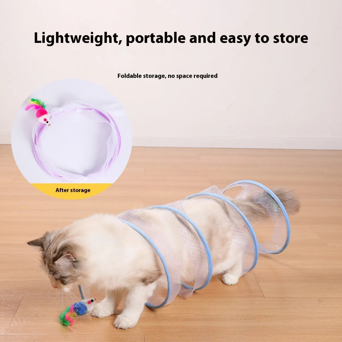 Bendable S-type cat tunnel toy with elastic net and feather lures on a flexible steel wire frame.