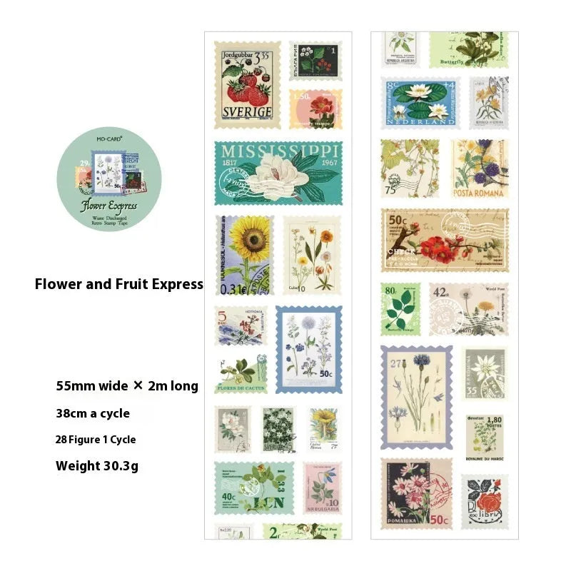 Roll of retro-style stamp stickers for journal decoration, showing butterfly, forest, bird and mushroom designs.