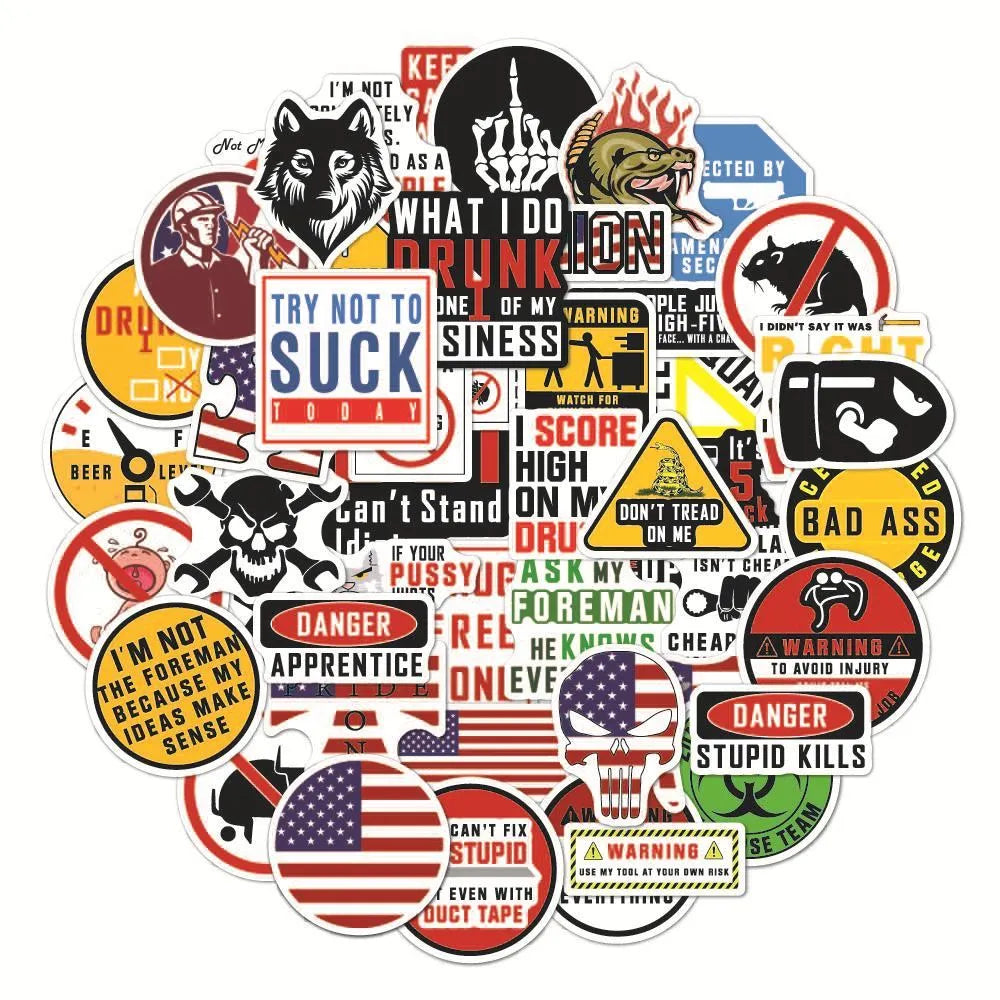 Waterproof PVC safety warning stickers for motorcycle and helmet, set of 50 pieces