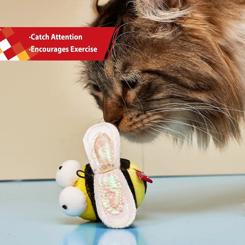Yellow bee-shaped flannelette cat toy with motion-activated squeaking feature for interactive indoor play