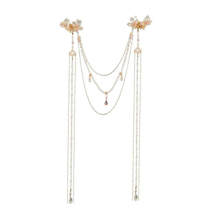 Gold-colour acrylic hairpin with pearl and diamond elements and long tassel design