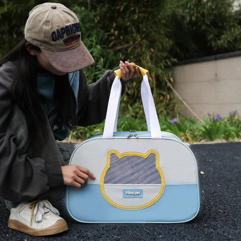 Large capacity foldable cat backpack in Oxford cloth, shown in blue colour variant.