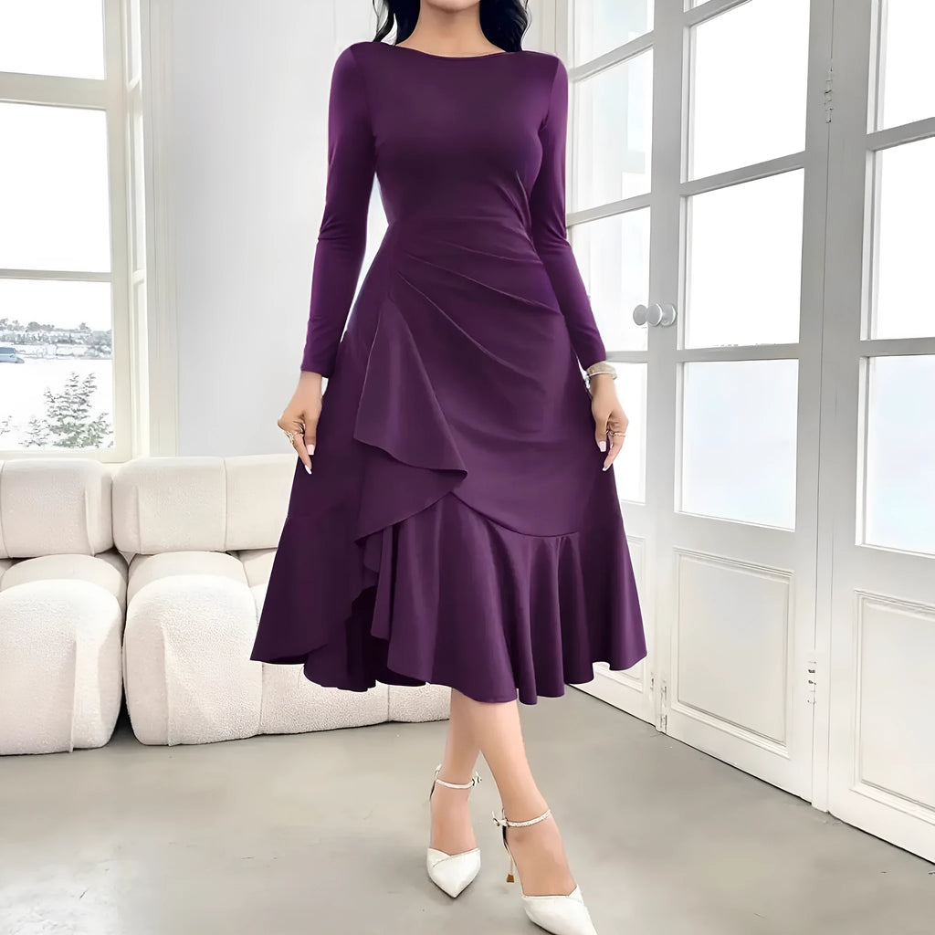 Purple women's long sleeve pullover dress with ruffled details and round neck
