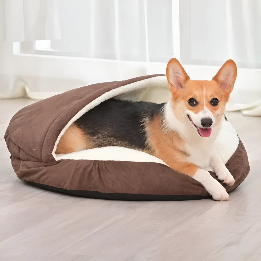 Brown cloth dog kennel with removable washable components for indoor pet use