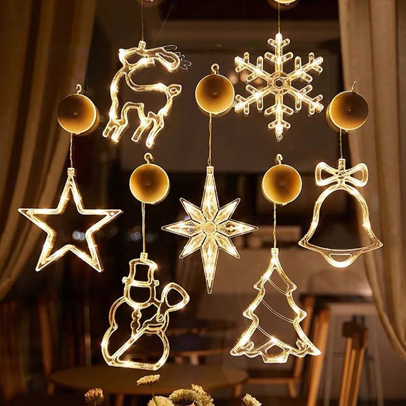 Christmas LED suction cup light featuring a Santa Claus shape on a window, with 10 warm white LED beads
