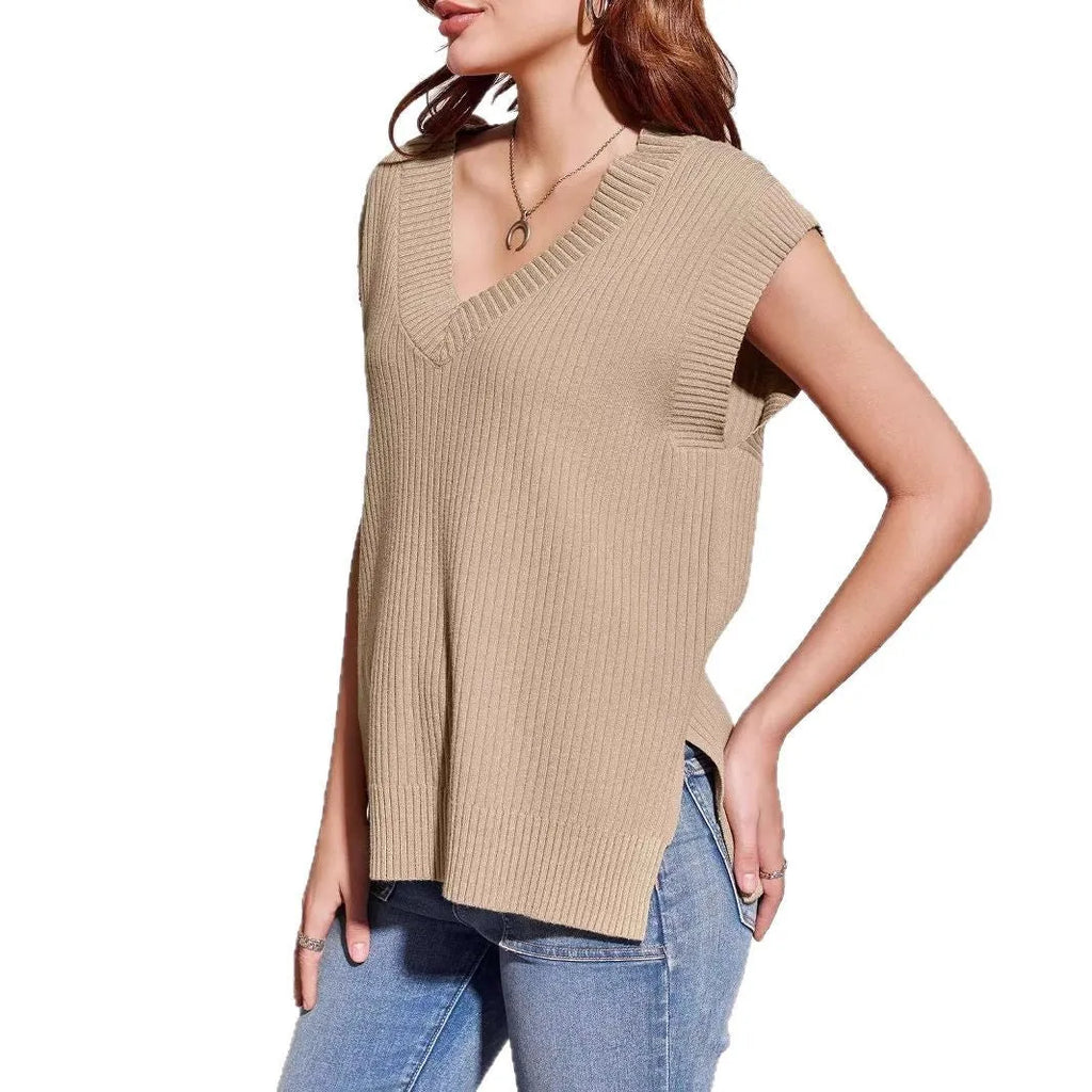 Women's camel-coloured V-neck sleeveless pullover vest with loose fit