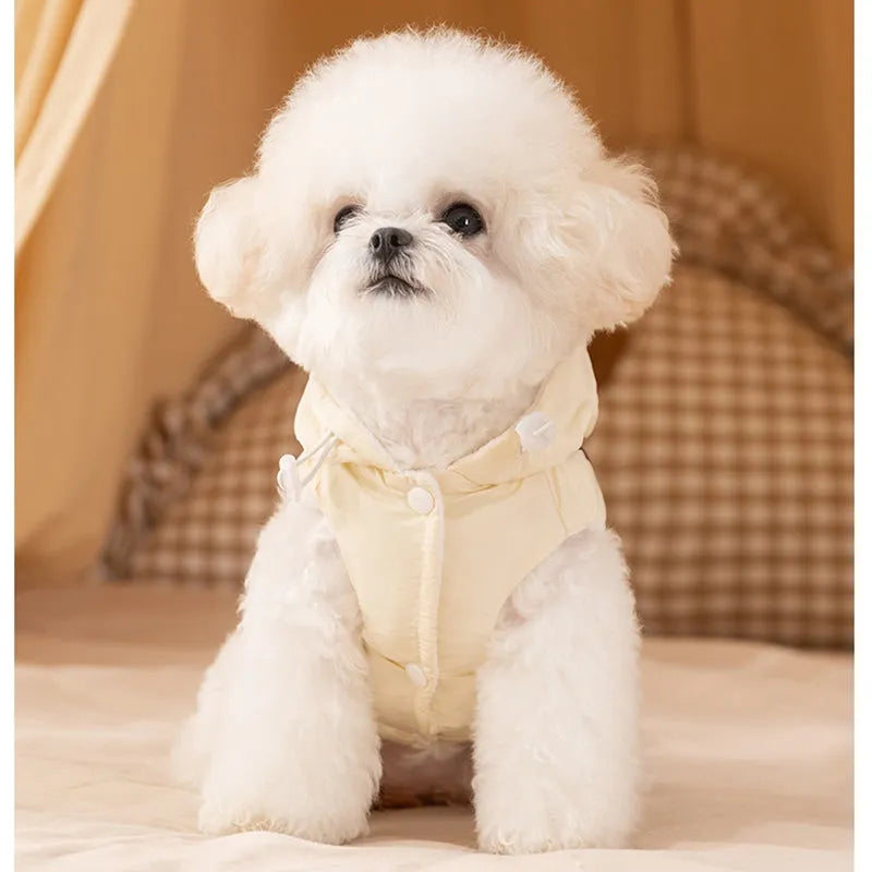 Hooded padded pet vest with bow ties for small cats and dogs, beige and pink, sizes XS to XXL