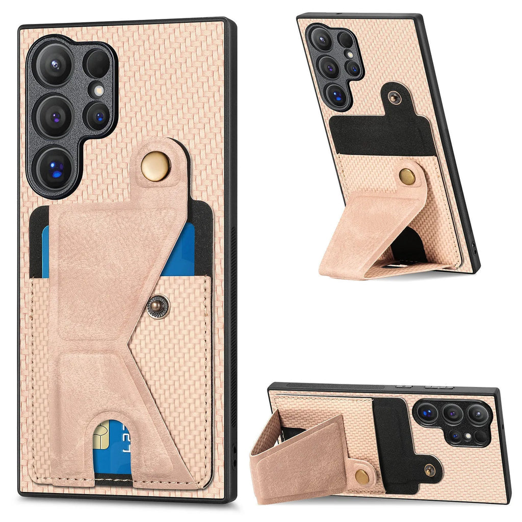 Samsung Galaxy phone case in black with card slot and kickstand, PU leather back cover