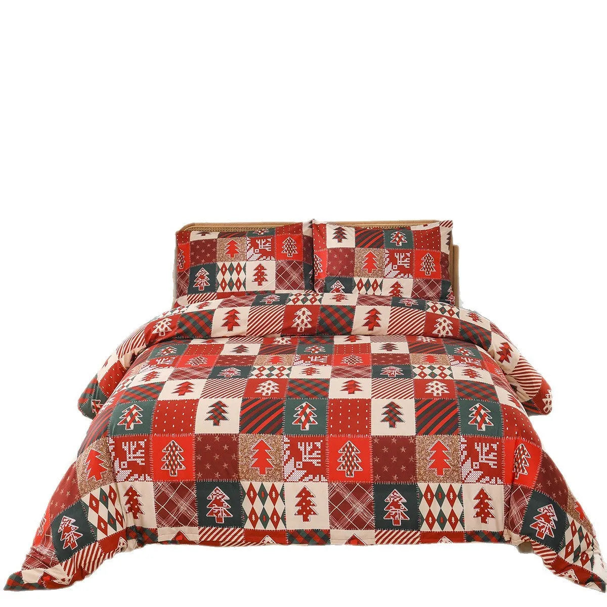 Red and white plaid Christmas pattern quilt cover and pillowcases on a bed.