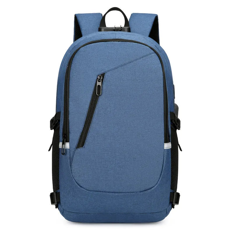 Men's solid colour oxford cloth computer backpack with street style, shown in blue