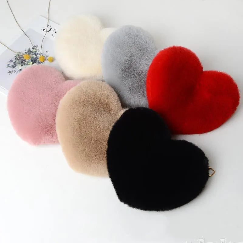 Love Bags plush heart-shaped shoulder bag in red, with chain strap and zipper, 25cm wide