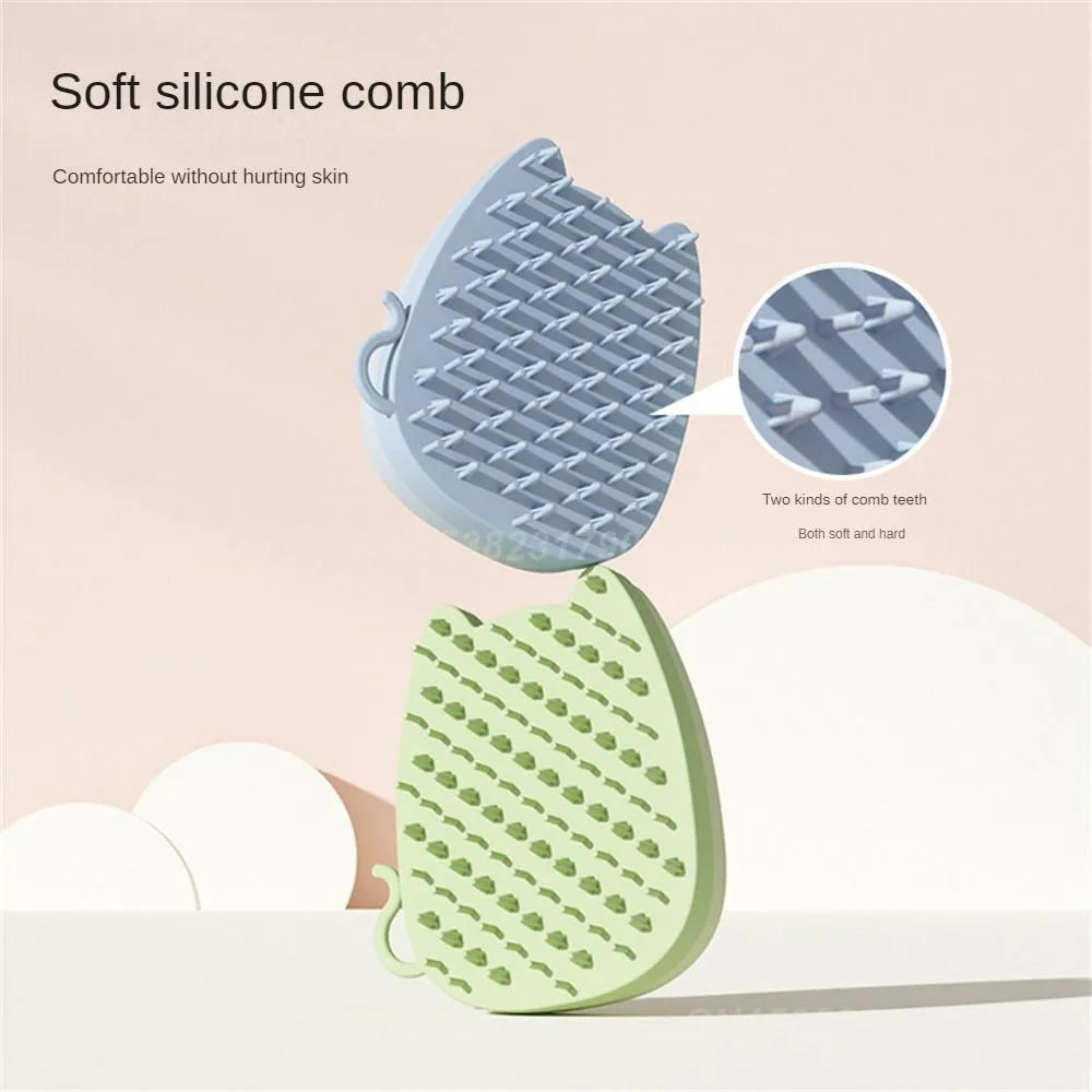 Blue silicone pet grooming comb with dual bristle types on a white background.