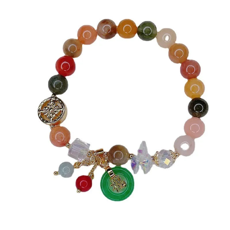 Retro jinsi jade bracelet with fu character blessing card pendant against neutral background