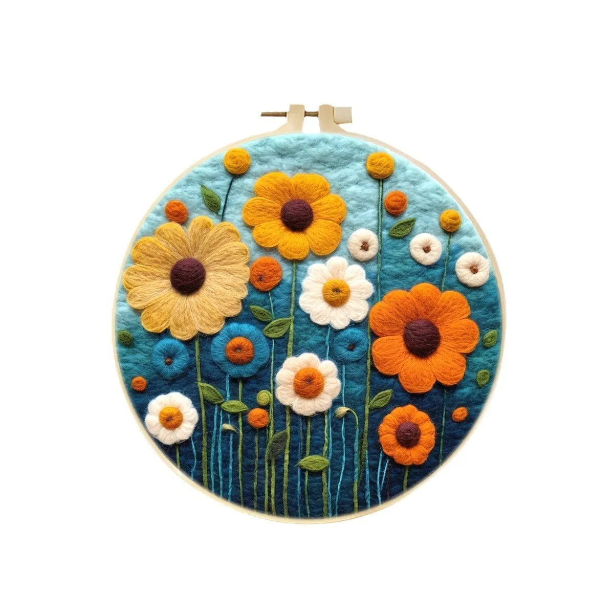 Round three-dimensional wool felt embroidery on linen with floral pattern in embroidery frame