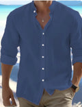 Man wearing a light grey long-staple cotton pullover summer shirt with casual stitching details.