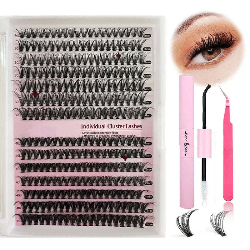 DIY mixed package of 30D and 40D cluster false eyelashes with tweezers on a pink background.