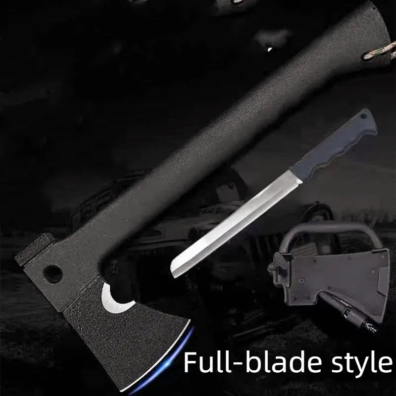 Black multifunctional outdoor survival axe with stainless steel blade, EDC handle, and tactical K sheath, 35.3cm × 14.5cm