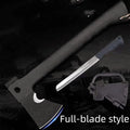 Black multifunctional outdoor survival axe with stainless steel blade, EDC handle, and tactical K sheath, 35.3cm × 14.5cm