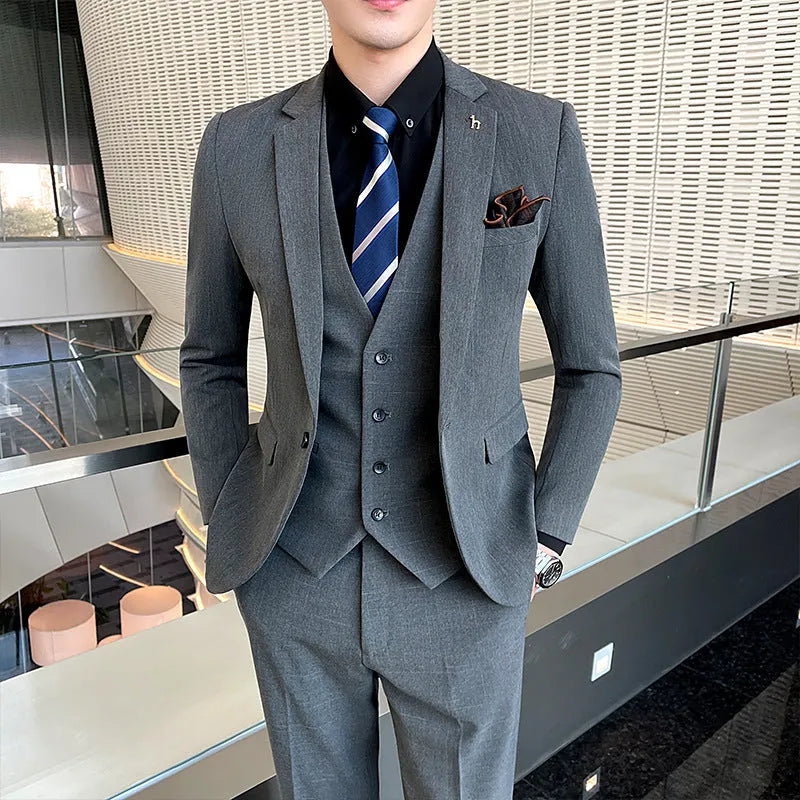 Men's slim fit British style business suit in black and dark grey cotton blend fabric