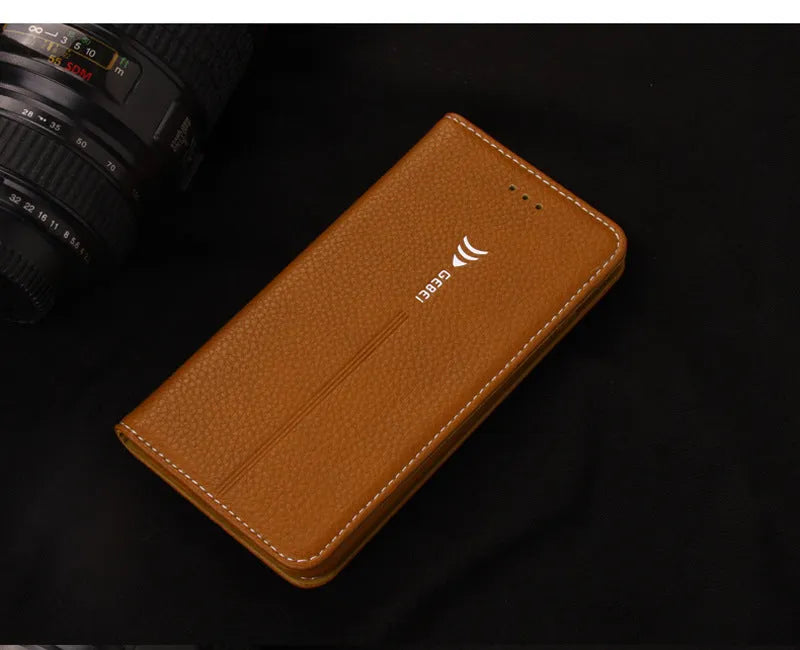 PU leather wallet phone case for iPhone showing card slots and cash compartment in khaki colour