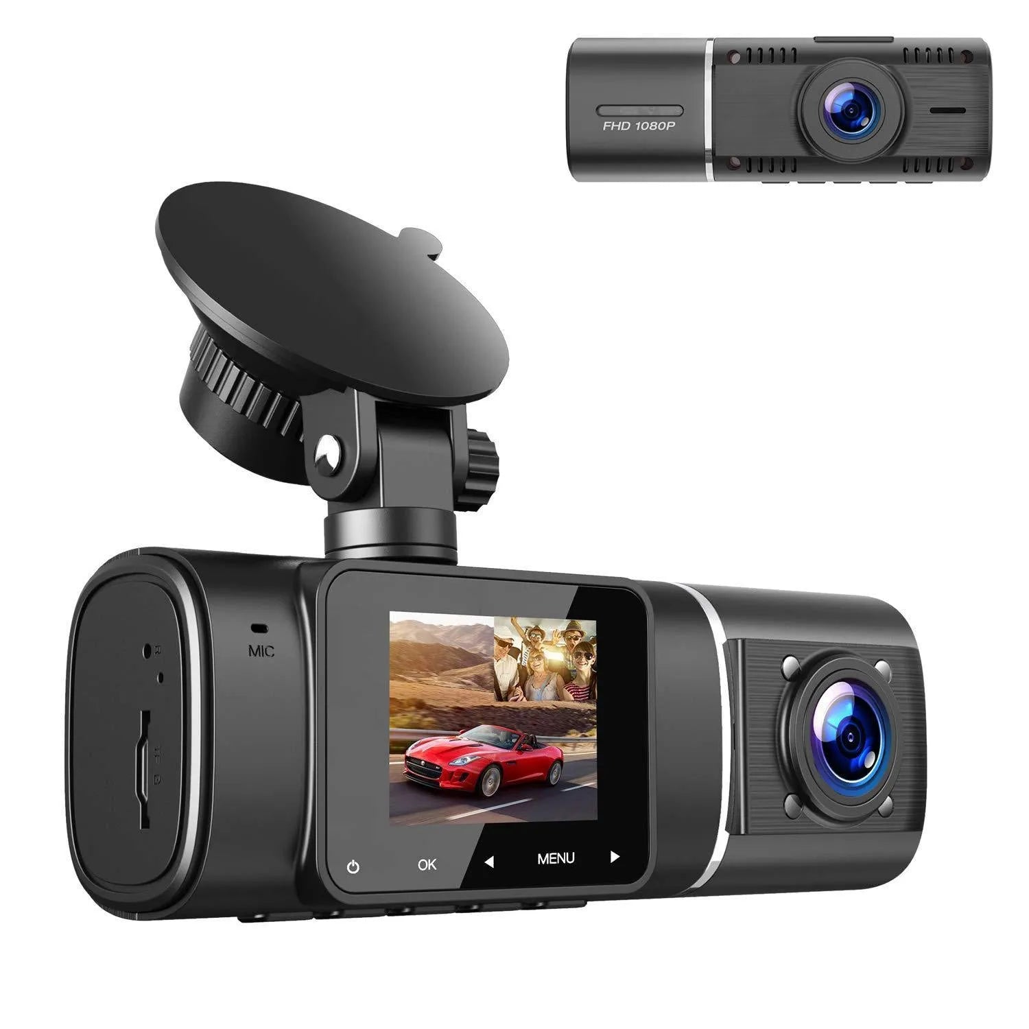 Black dash camera with dual lenses for front and rear recording, 1.5-inch screen, and car mounting stand