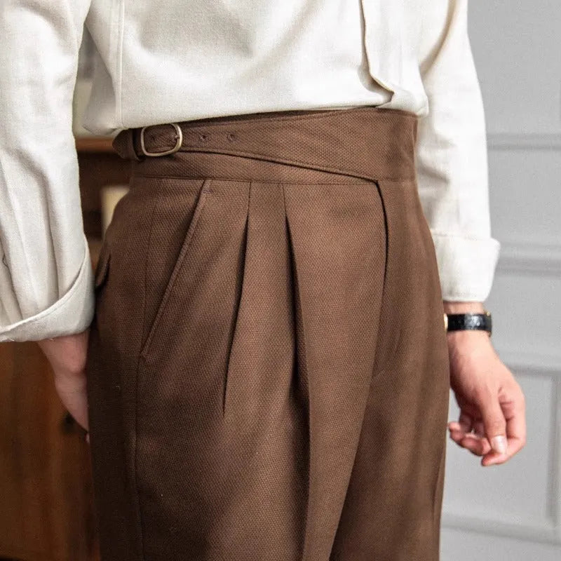 Men's high waist straight leg casual trousers in black, shown on a model.