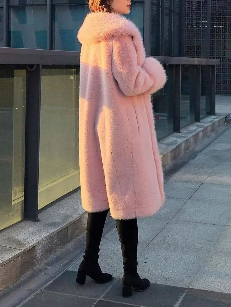 Grey women's mid-length faux rabbit fur and leather coat with a full fur collar.