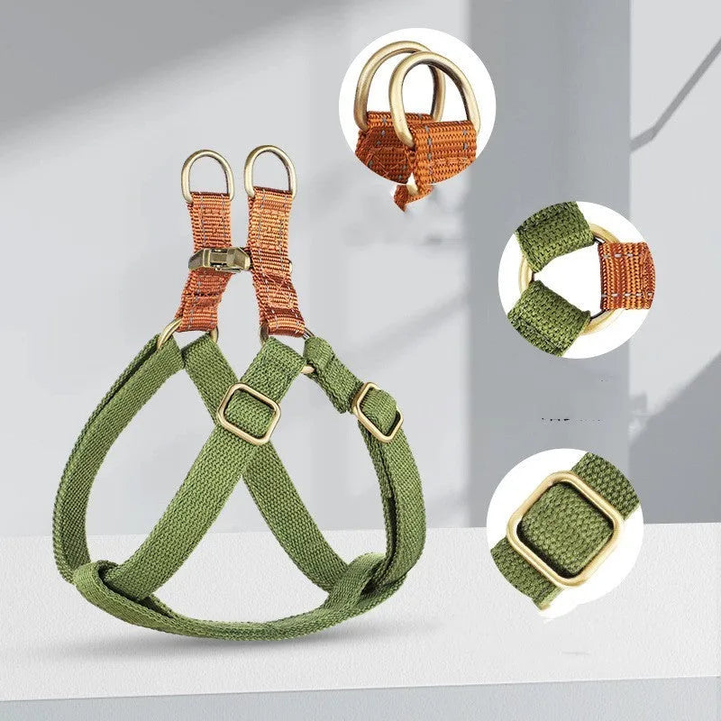 Brown vest-style dog leash with cotton webbing and alloy fastener for small to medium dogs