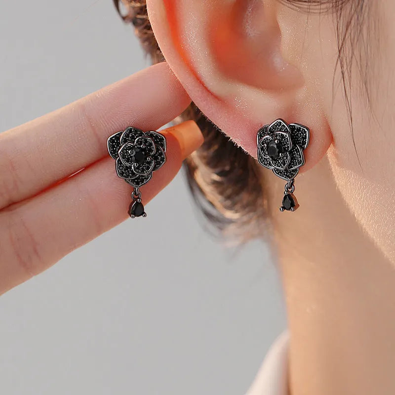 Black rose flower-shaped stud earrings with zircon decorative accents for women