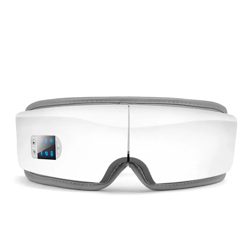 White foldable eye massager with PU mask, LCD screen, USB charging and Bluetooth music