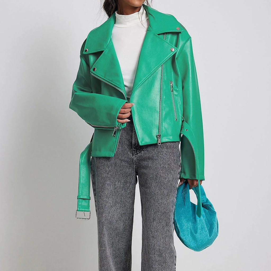 Black punk-style short jacket with a Peter Pan collar and drawstring waist.